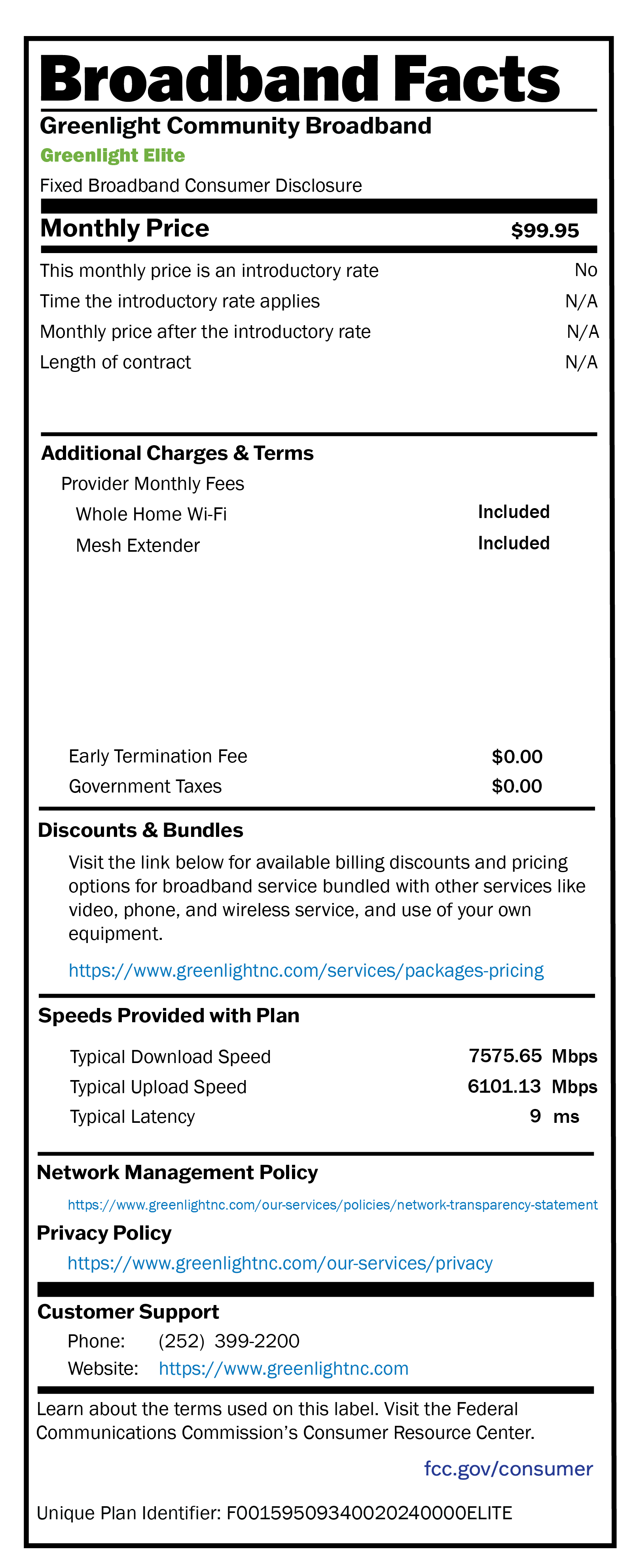 Elite Broadband Facts Label