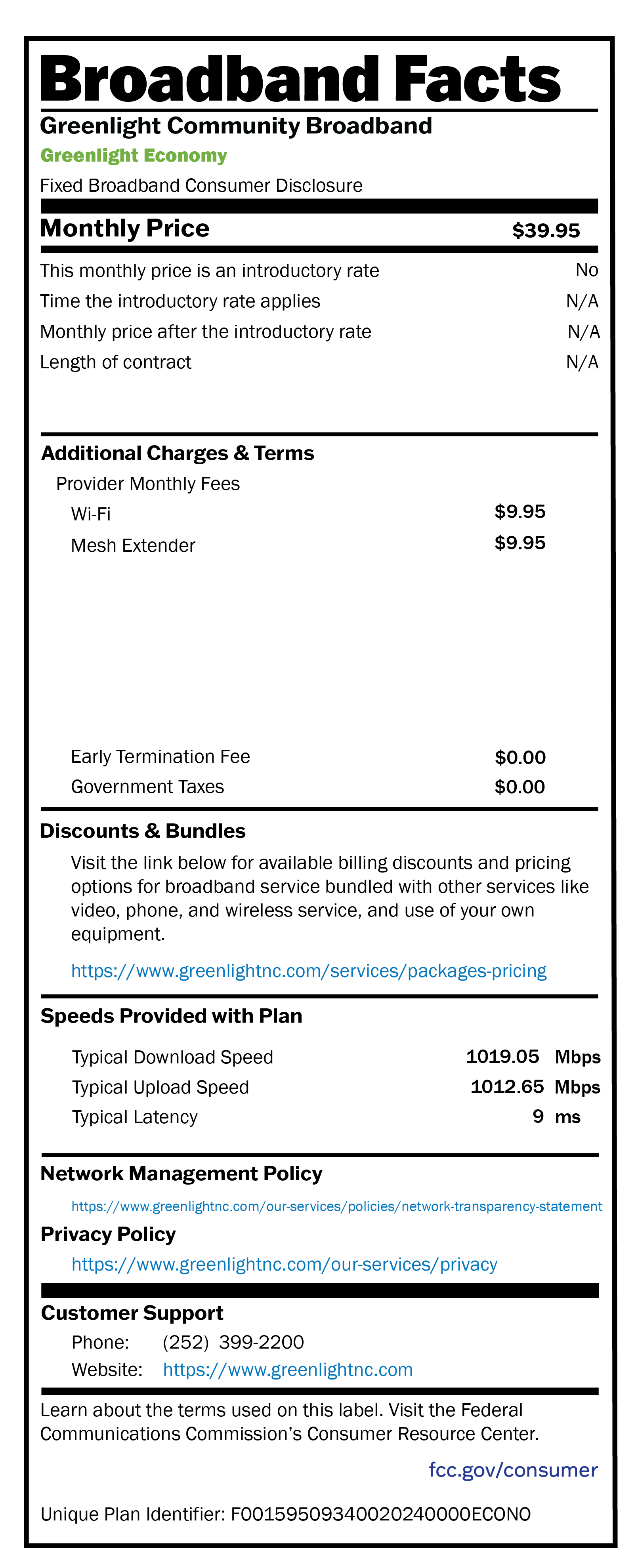 Economy Broadband Facts Label